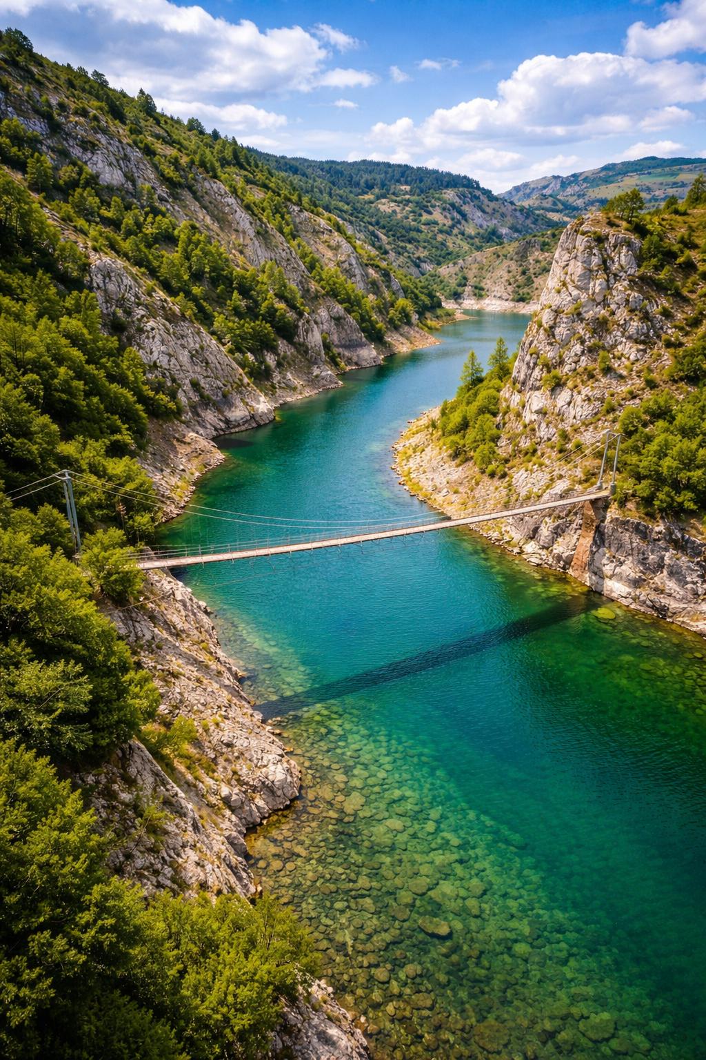 Viseći most iznad Sjeničkog jezera u kanjonu Uvca okružen planinama i prirodom.