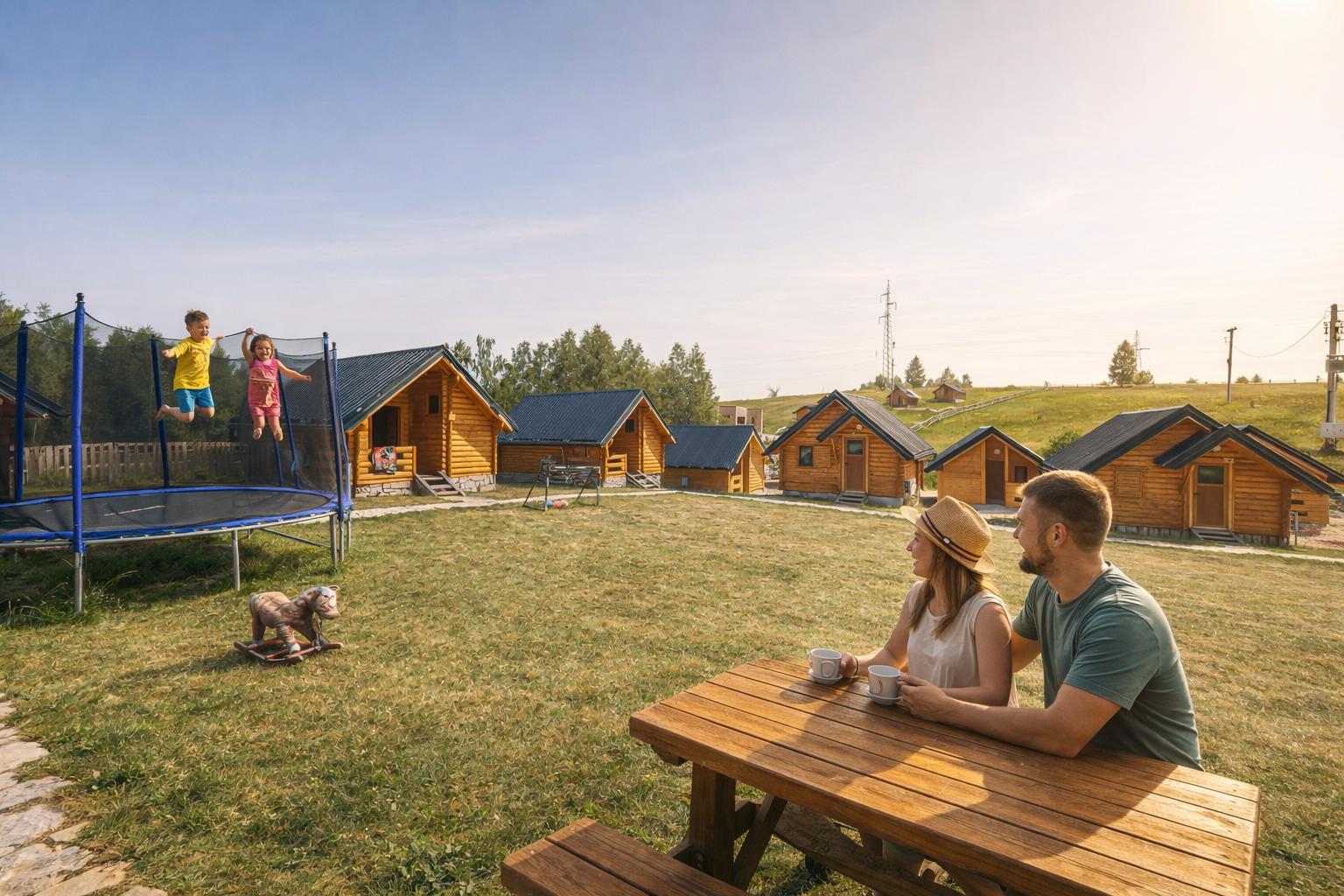 Family vacation at Uvac &ndash; children playing on the trampoline at Ethno Village Vidikovac on the Pe&scaron;ter Plateau
